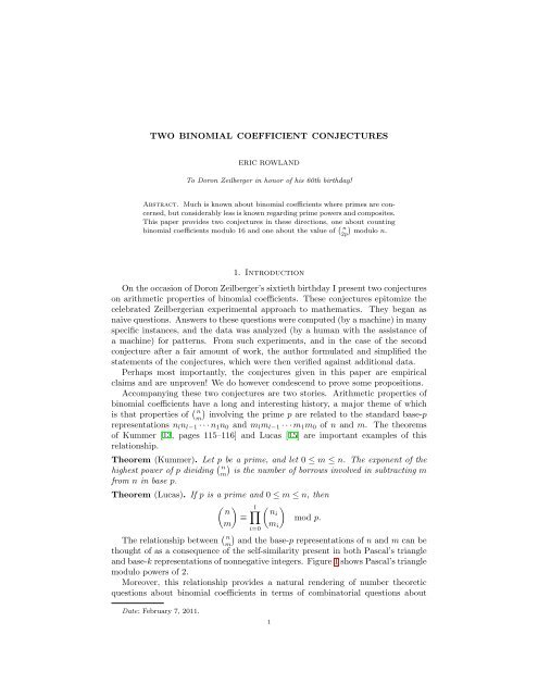 TWO BINOMIAL COEFFICIENT CONJECTURES 1. Introduction On ...