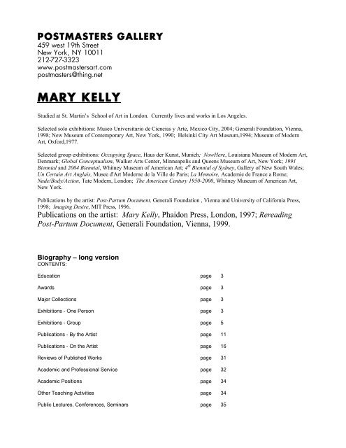 MARY KELLY - Postmasters Gallery