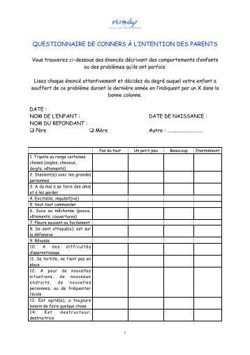 questionnaire de conners Ã  l'intention des parents - Resodys