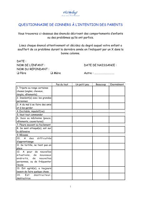 questionnaire de conners Ã  l'intention des parents - Resodys