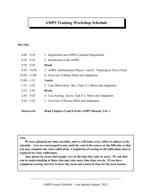 AMPS Training Workshop Schedule