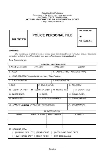 PNP Personnel Data Sheet - the PRO 10 Website
