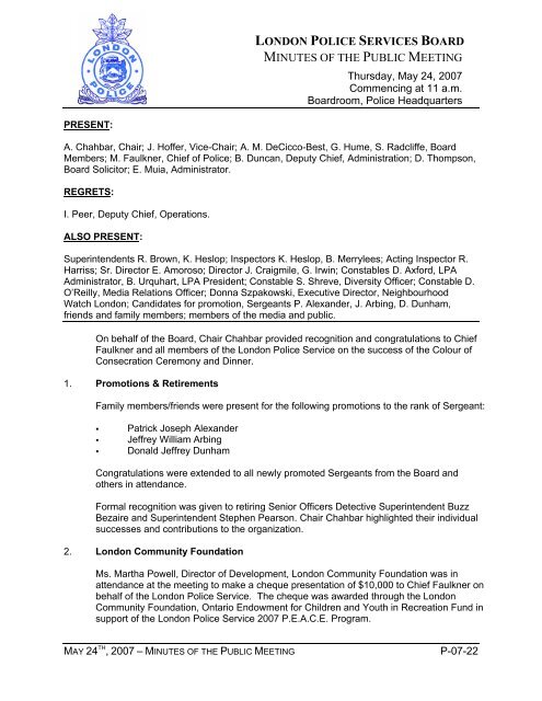 LONDON POLICE SERVICES BOARD MINUTES OF THE PUBLIC ...