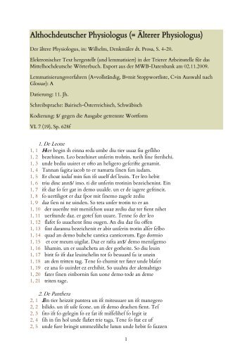 Althochdeutscher Physiologus - Mittelhochdeutsches WÃ¶rterbuch