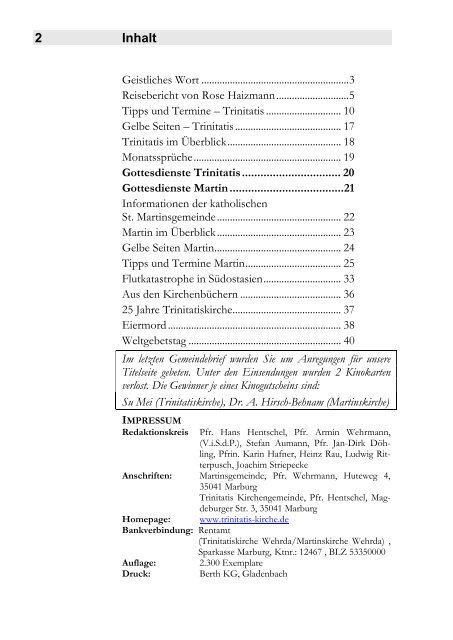 2 Inhalt - Evangelische Trinitatiskirchengemeinde Marburg-Wehrda