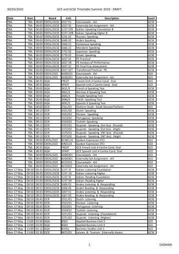 30/03/2010 GCE and GCSE Timetable Summer 2010 - DRAFT 1 ...