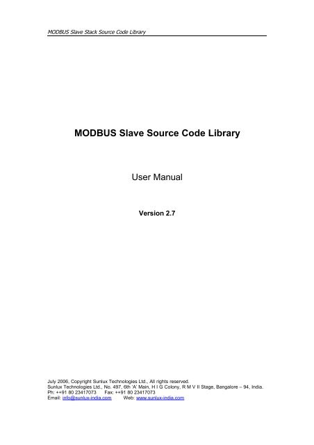 MODBUS Slave Source Code Library - Sunlux Technologies Ltd.