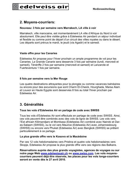 Medienmitteilung neue Destinationen-1 F - Edelweiss Air
