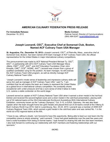 Joseph Leonardi, CECÃ‚Â®, Executive Chef at Somerset Club, Boston ...