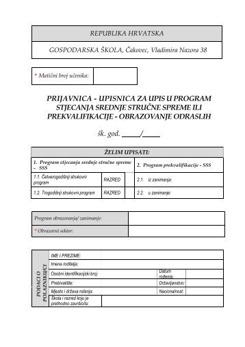 PRIJAVNICA - UPISNICA ZA UPIS U PROGRAM STJECANJA ...