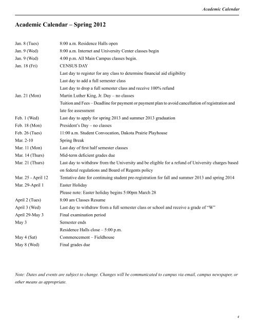 Academic Calendar – Fall 2012 - Dakota State University