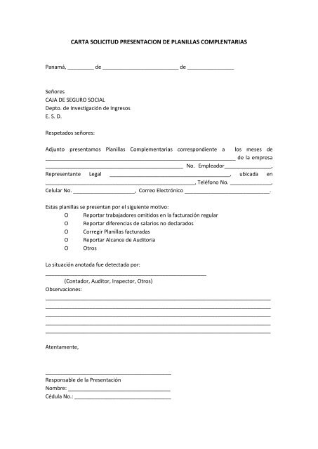 carta solicitud presentacion de planillas complentarias - Caja del ...