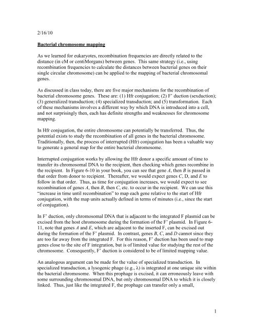 1 2/16/10 Bacterial chromosome mapping As we ... - Biology Major