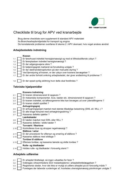 Checkliste til brug for APV ved kranarbejde - BAR transport og engros