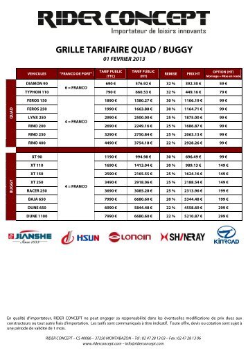 GRILLE TARIFAIRE QUAD / BUGGY - Rider Concept