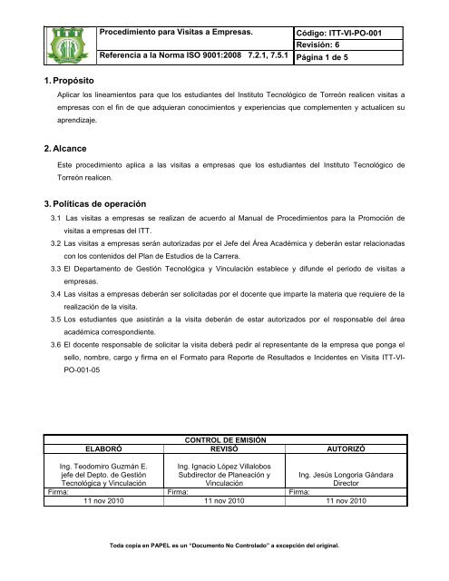 ITT-VI-PO-001 VISITAS A EMPRESAS.pdf - Instituto Tecnologico de ...