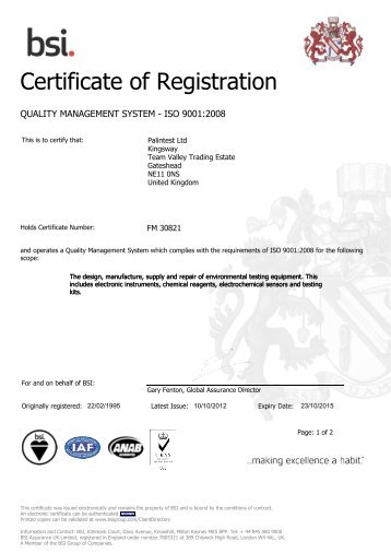 BSI ISO: 9001 Certificate (PDF) - Palintest