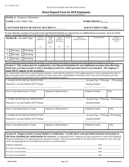 Direct Deposit Form for NYS Employees
