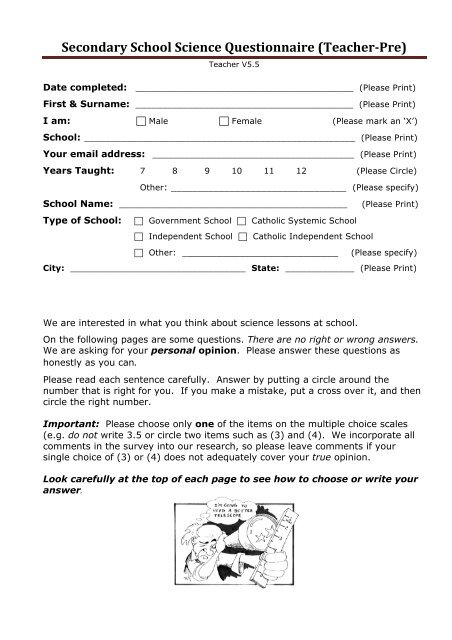 Secondary School Science Questionnaire (Teacher-âPre)