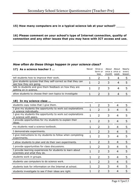 Secondary School Science Questionnaire (Teacher-âPre)