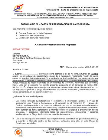 Formulario 02 Carta de presentacin de la propuesta - Metrocali