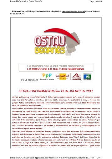 LETRA d'INFORMACION deu 22 de JULHET de 2011 - Ostau Bearnés