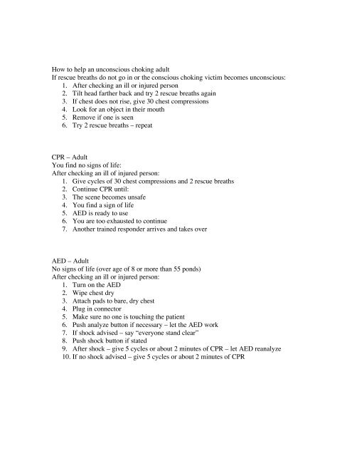 homestead physical education cpr / aed / first aid review sheet