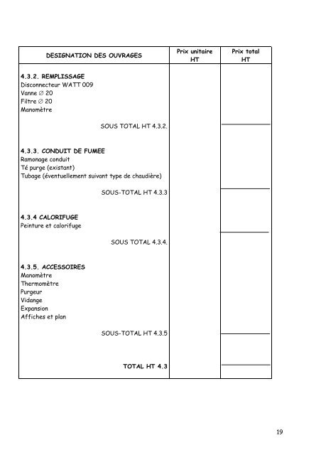 REMPLACEMENT de la CHAUDIERE CAHIER DES CHARGES