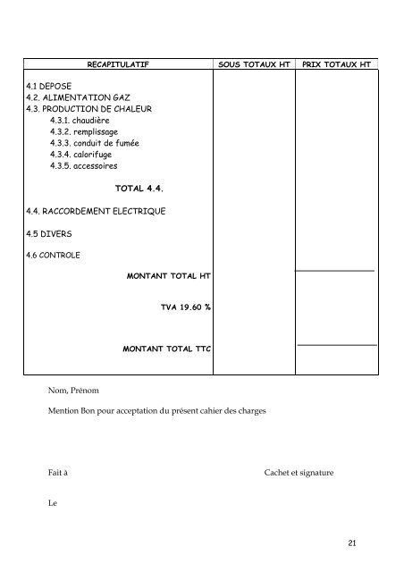 REMPLACEMENT de la CHAUDIERE CAHIER DES CHARGES