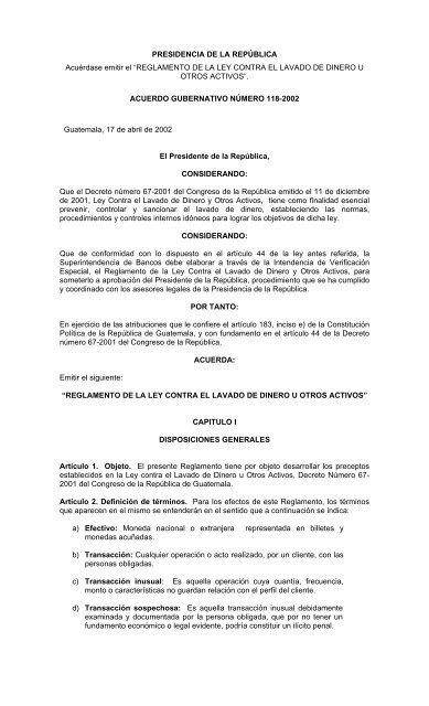 Reglamento de la Ley Contra el Lavado de Dinero y Otros Activos