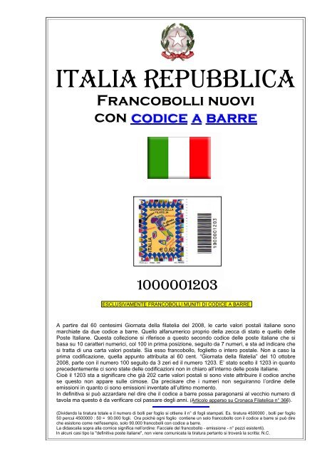 Italia 2008 e 2009 per francobolli con codice a barre 12 pagine