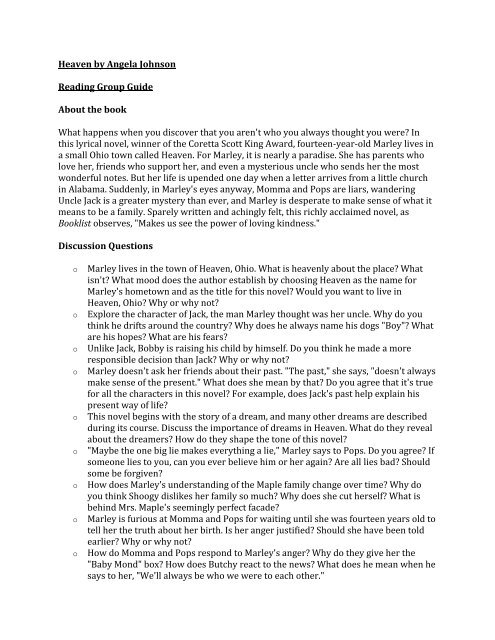 Heaven By Angela Johnson Reading Group Guide About The Book