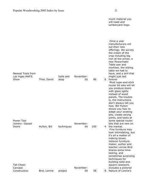 Popular Woodworking 2005 Index by Issue 1