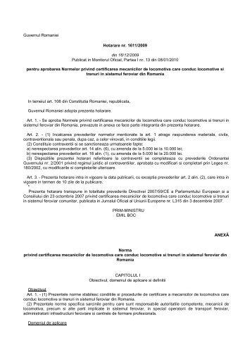 HG nr. 1611/16.12.2009 - Autoritatea Feroviara Romana