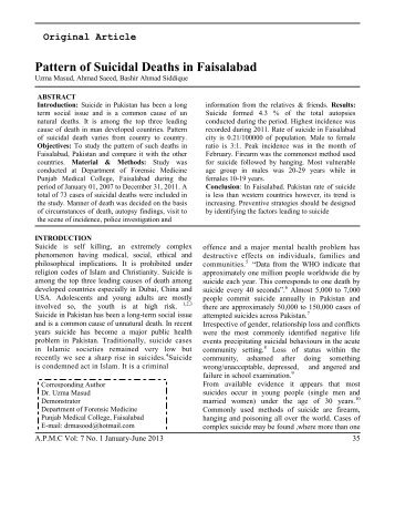 Pattern of suicidal deaths in Faisalabad - Punjab Medical College