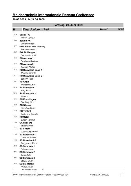 Meldeergebnis Internationale Regatta Greifensee - Club de l'aviron ...