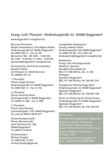 März - Mai 2011 Nr. 276 - Evangelische Kirchengemeinde Deggendorf