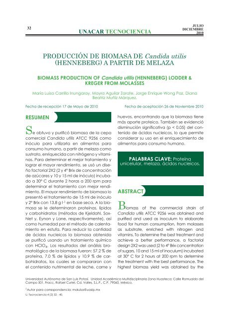 PRODUCCIÓN DE BIOMASA DE Candida utilis - Universidad ...