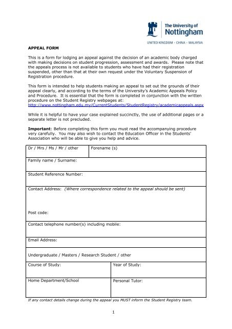 Appeals Form The University Of Nottingham Malaysia Campus