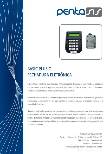 BASIC PLUS C FECHADURA ELETRÃNICA - Pentasis