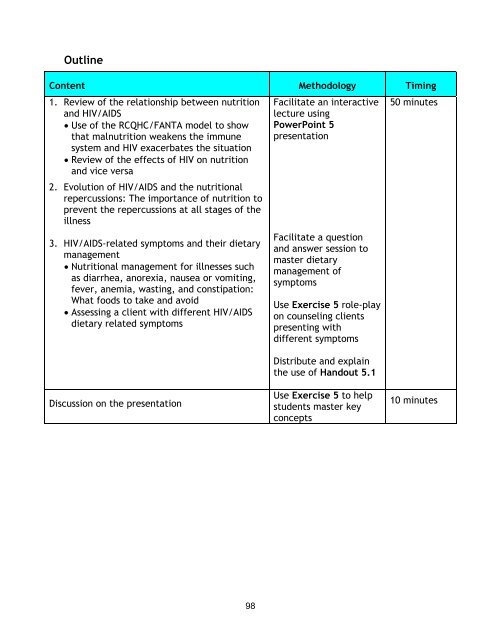 Nutrition and HIV/AIDS: A Training Manual - Linkages Project