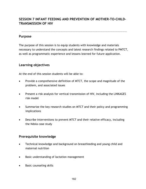 Nutrition and HIV/AIDS: A Training Manual - Linkages Project