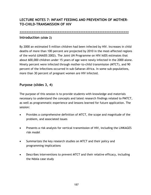 Nutrition and HIV/AIDS: A Training Manual - Linkages Project