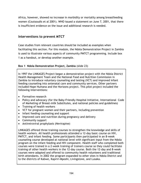 Nutrition and HIV/AIDS: A Training Manual - Linkages Project