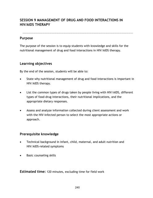 Nutrition and HIV/AIDS: A Training Manual - Linkages Project