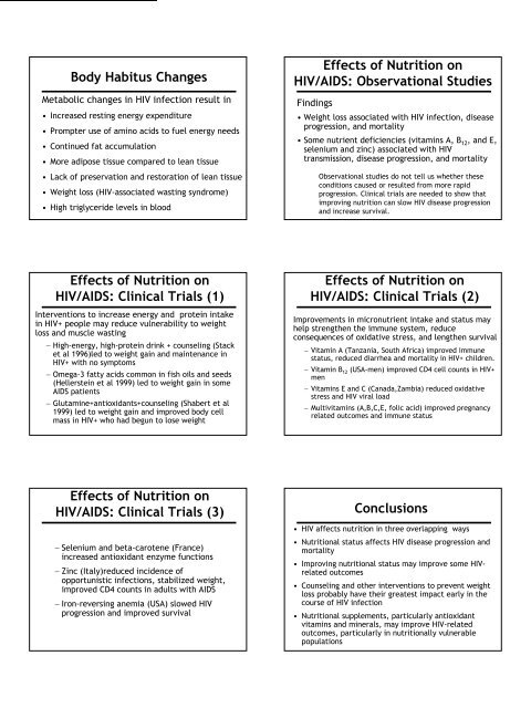 Nutrition and HIV/AIDS: A Training Manual - Linkages Project