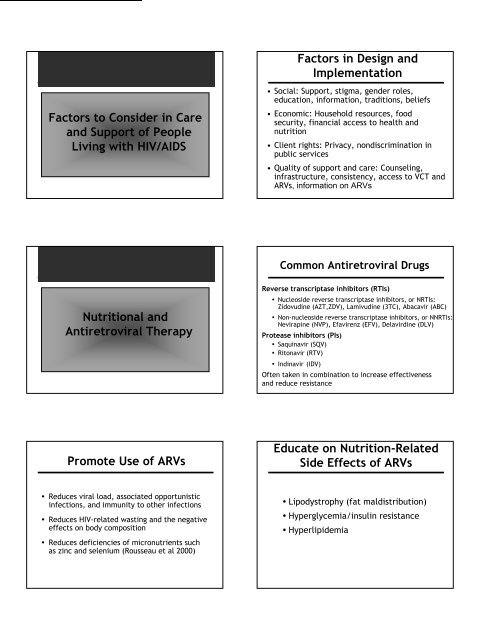 Nutrition and HIV/AIDS: A Training Manual - Linkages Project