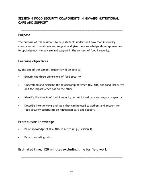 Nutrition and HIV/AIDS: A Training Manual - Linkages Project