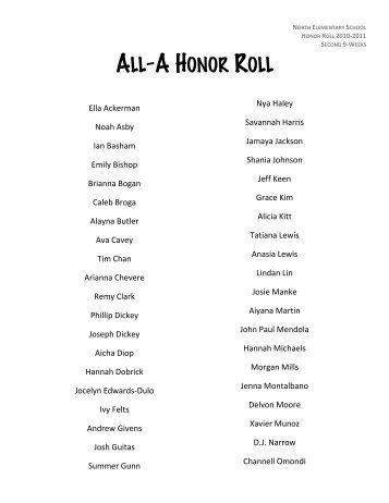 ALL-A HONOR ROLL - North Elementary School