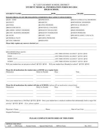 High School Student Medical Information Forms - Lee's Summit R-7 ...